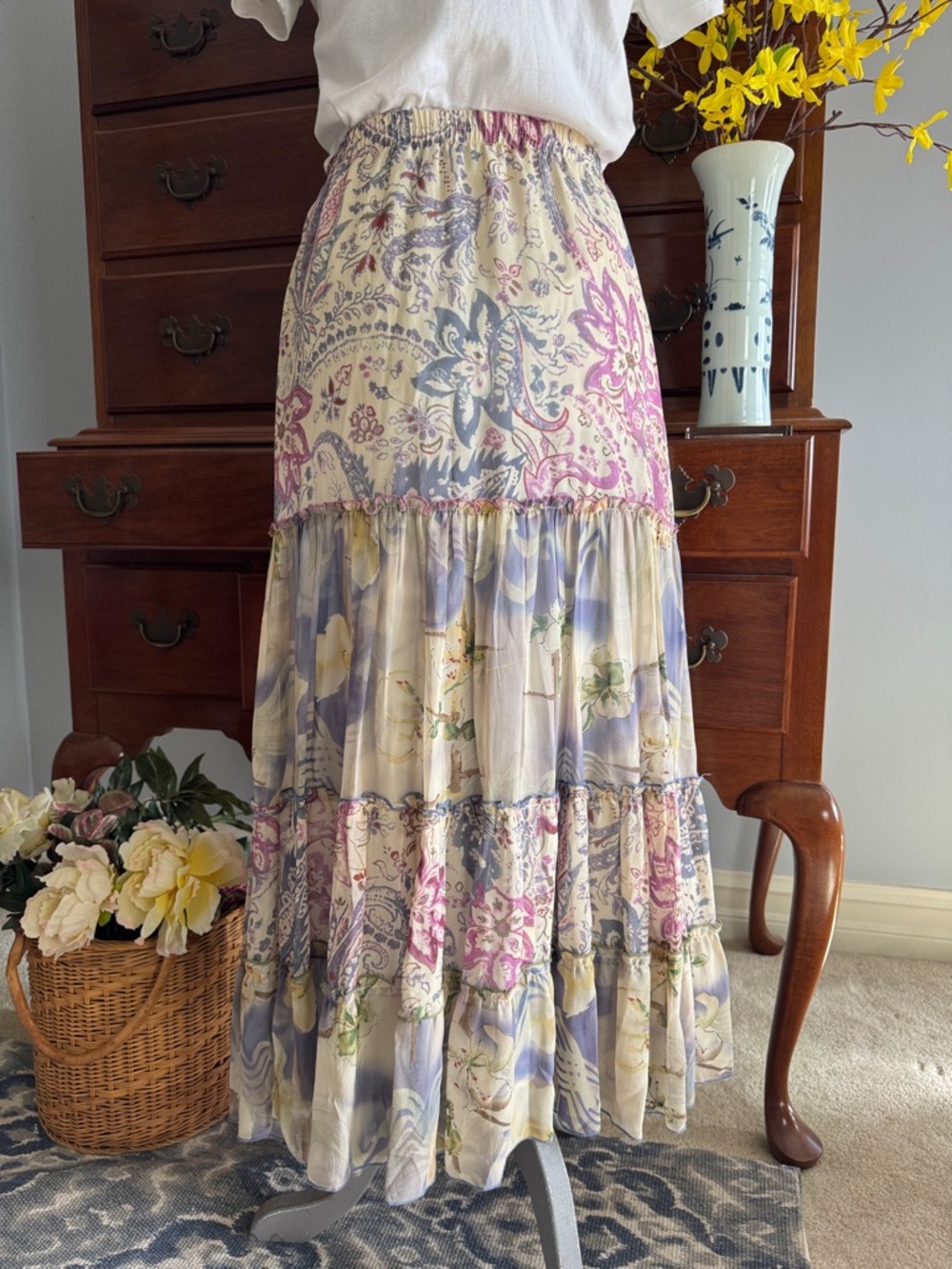 CAbi Silk Tiered Peasant Boho Maxi Skirt Size Small #237 - Picture 5 of 8